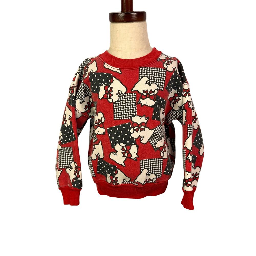 Vtg Kids Mini Dimensions Toddler Red White Puppy Dog Sweater size 3 yorkie 80s